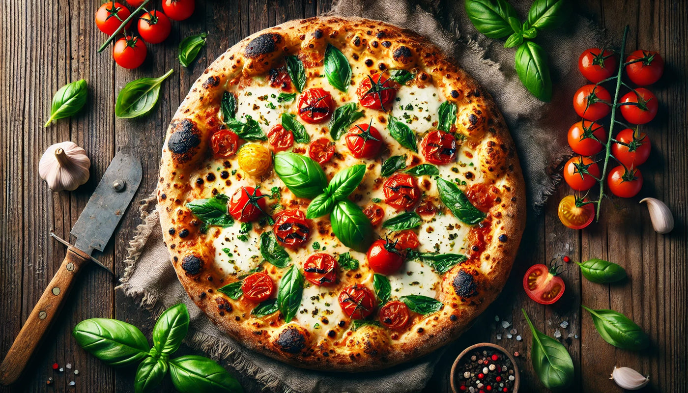 A perfectly grilled pizza with a golden-brown crust, melted cheese, and vibrant toppings of fresh basil, cherry tomatoes, and mozzarella on a rustic wooden surface.