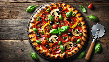 A perfectly grilled pizza with a golden-brown crust, topped with pepperoni, mushrooms, bell peppers, olives, and fresh basil, set on a rustic wooden table.