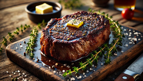 perfectly seared steak resting on a flat-top surface