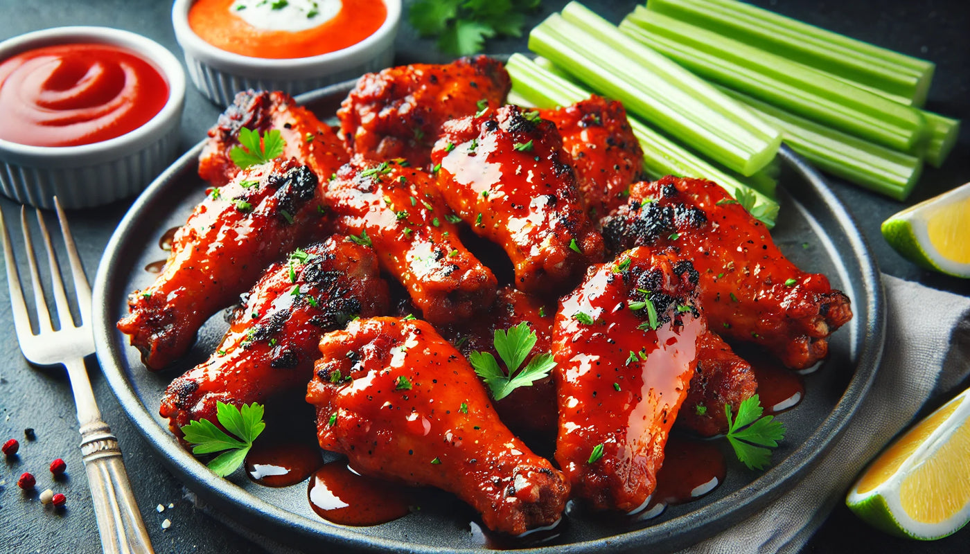 perfectly grilled buffalo wings, crispy and coated with bright red buffalo sauce, garnished with parsley and served with celery sticks and dipping sauce