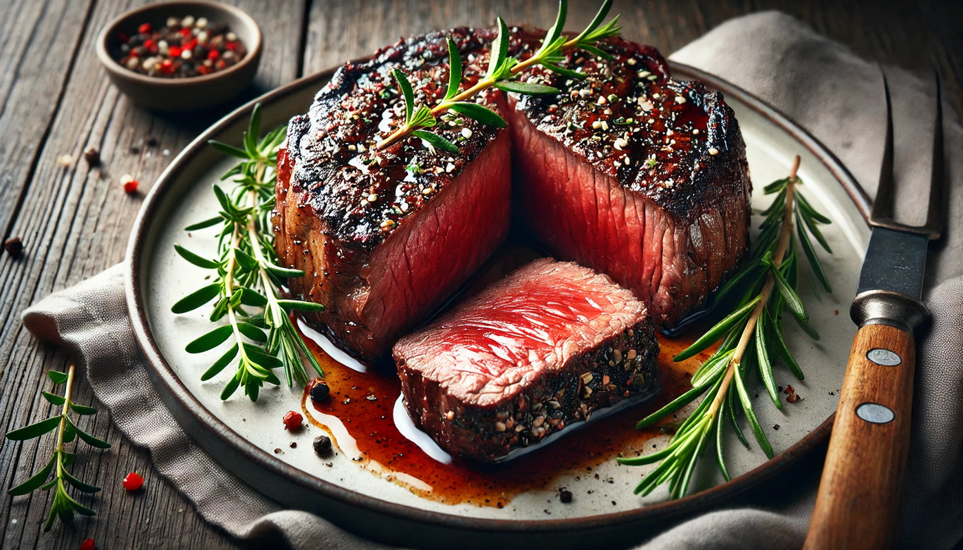 A perfectly seared steak with a deeply caramelized crust, cut open to reveal a rare, juicy center, garnished with rosemary and thyme on a white plate.