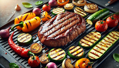 Perfectly seared steak with golden grill marks surrounded by colorful grilled vegetables sizzling on a flat-top griddle.