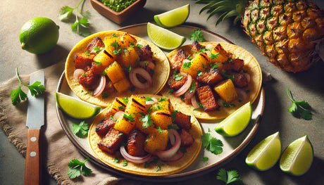 perfectly grilled Tacos al Pastor, featuring juicy, marinated pork with crispy edges, topped with grilled pineapple, onions, and fresh cilantro