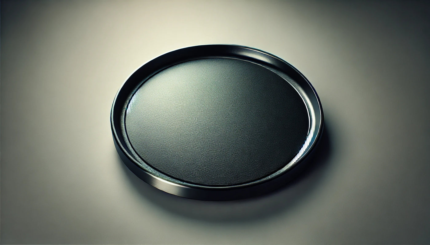 A perfectly seasoned round flat-top griddle with a smooth, glossy black finish, ready for cooking. The clean and reflective surface is highlighted in soft lighting.