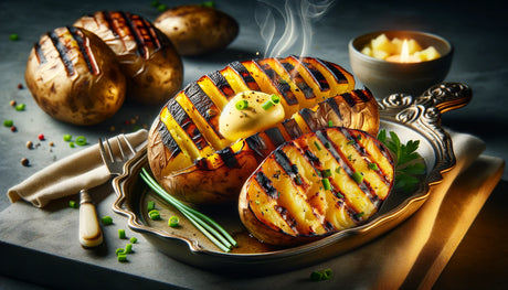 perfectly grilled baked potato served on an elegant platter