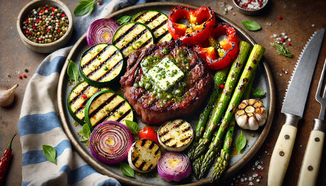 perfectly seared ribeye steak with grilled vegetables