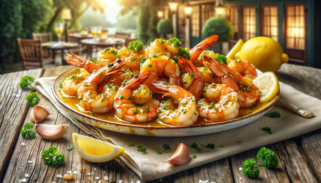 plate of garlic buttery shrimp, beautifully presented with a rich garlic butter sauce and fresh garnishes