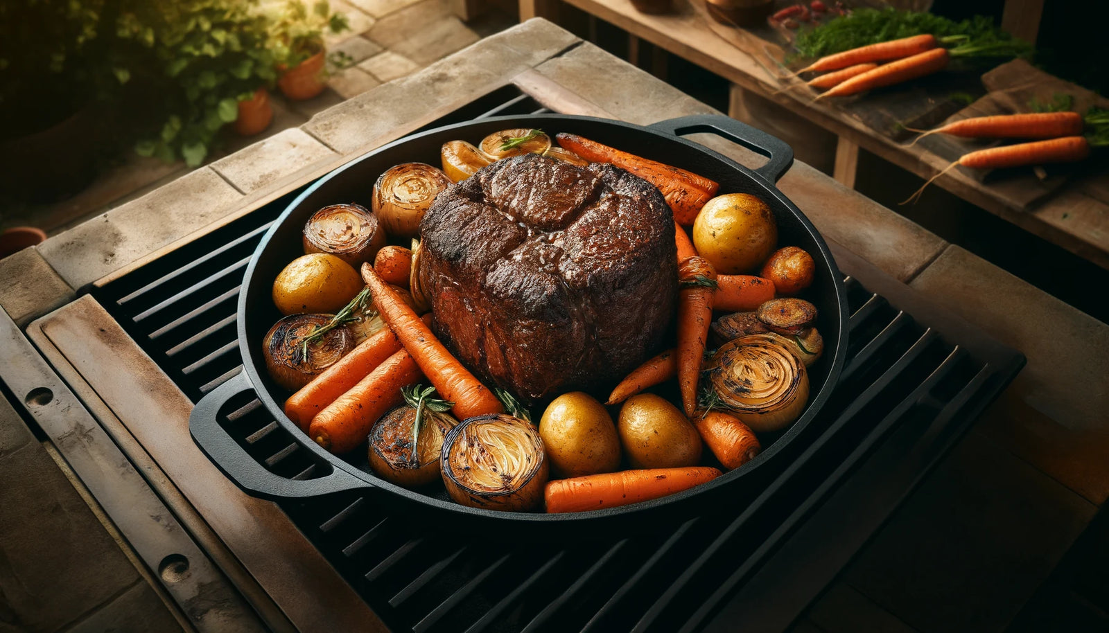 perfectly grilled pot roast surrounded by caramelized vegetables