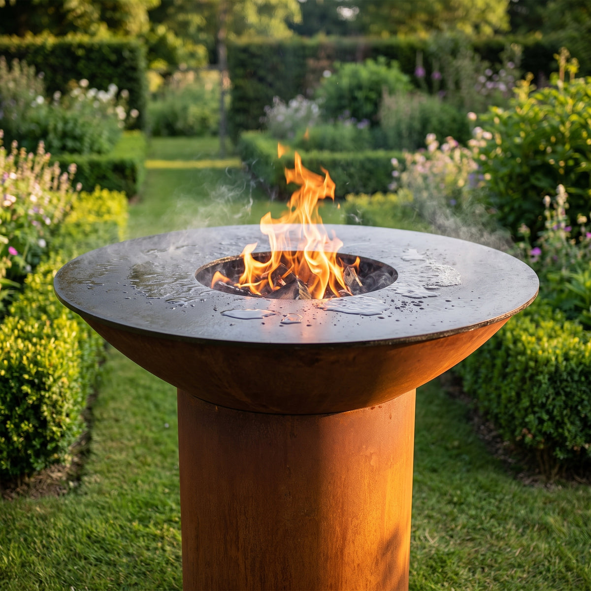 Preheating the cooktop with a fresh wood fire on an Arteflame wood-fired flat-top grill with a round Corten steel base