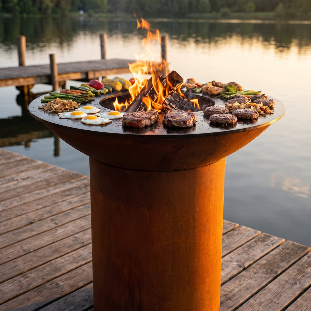Arteflame wood-fired flat-top grill with round Corten steel base: Propane Griddle Combo: Best USA Made Insert