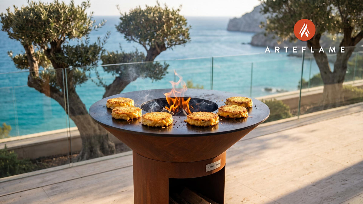 Crisp and Golden Mac and Cheese Cakes cooking on an Arteflame grill