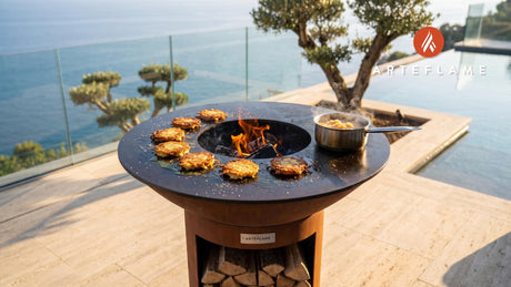 Crispy Grilled Latkes and Homemade Applesauce cooking on an Arteflame grill