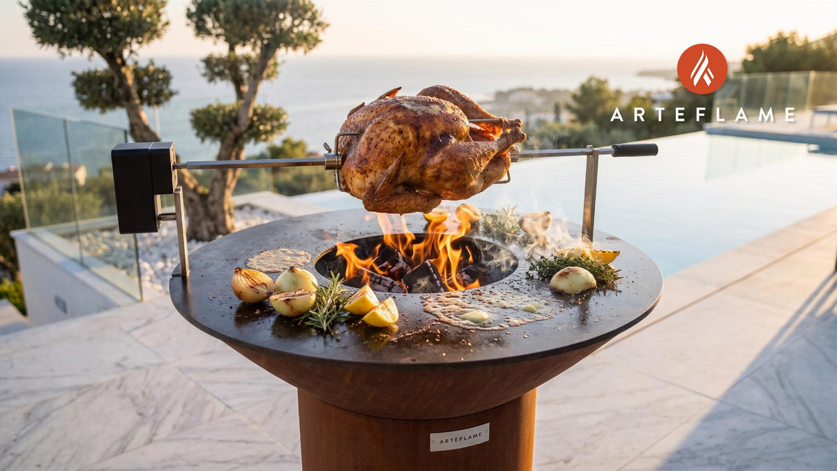 Wood-Fired Rotisserie Turkey cooking on an Arteflame grill