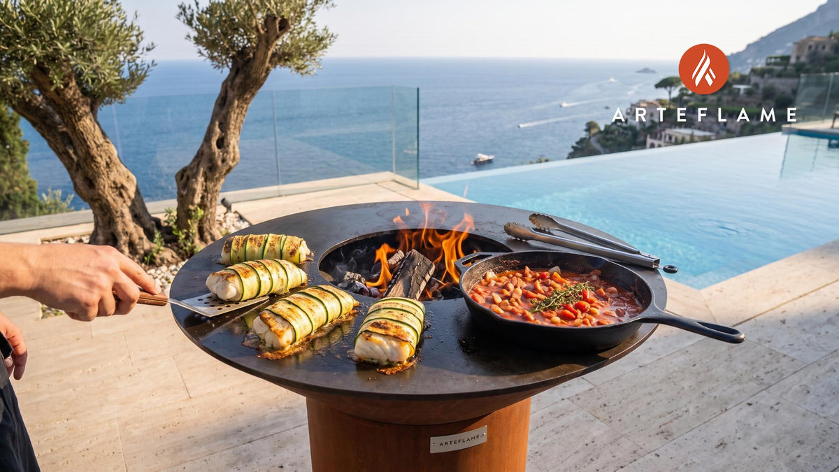 Grilled Cod Wrapped in Zucchini with Tomato Bacon Sauce cooking on an Arteflame grill