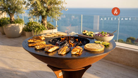 Seared Grilled Fish Tacos with Zesty Cabbage Slaw cooking on an Arteflame grill