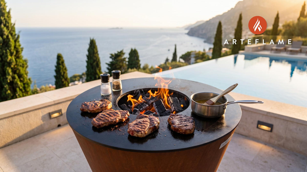 Monroe County Pork Steaks with Spicy Vinegar Dip cooking on an Arteflame grill