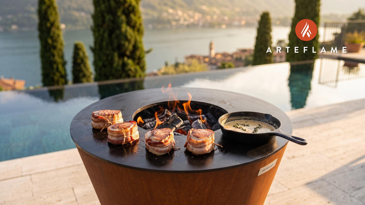 Steven Raichlen's Bacon-Wrapped Albacore Tuna Filet Mignons cooking on an Arteflame grill