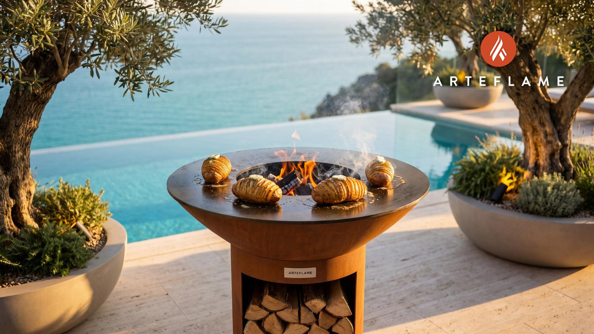 Grilled Hasselback Potatoes cooking on an Arteflame grill