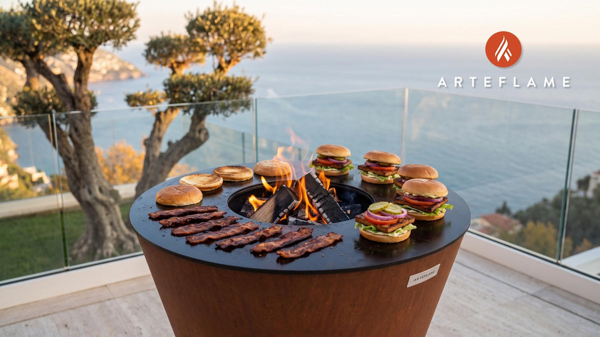 Crispy Tofu Bacon Burger cooking on an Arteflame grill