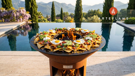 Chorizo & Egg Breakfast Nachos cooking on an Arteflame grill