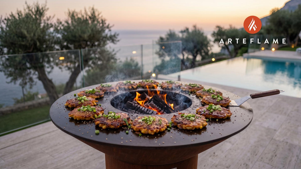 Crispy Sweet Corn Pancakes (Korean BBQ Style) cooking on an Arteflame grill