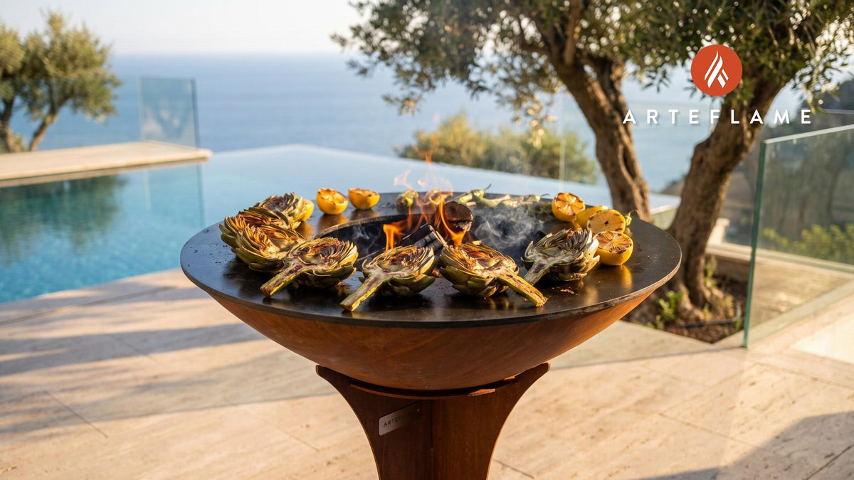 Charred Grilled Artichokes & Lemon Vinaigrette cooking on an Arteflame grill