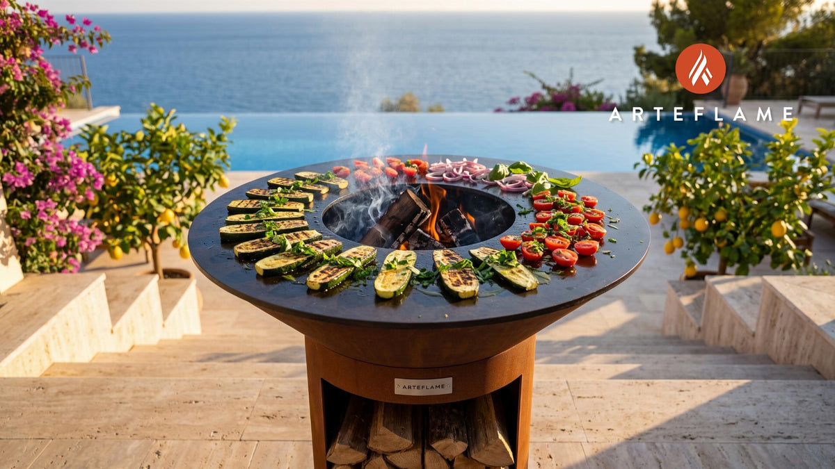 Charred Grilled Zucchini Salad cooking on an Arteflame grill