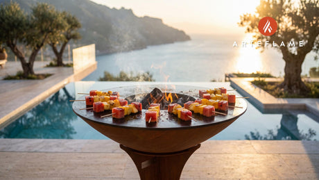 Charred Watermelon, Pineapple & Mango Skewers cooking on an Arteflame grill