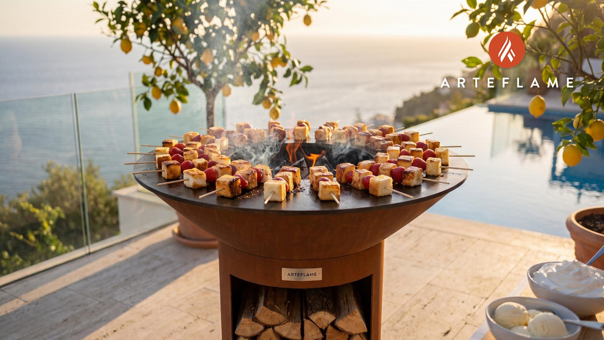 Grilled Angel Food Cake & Strawberry Kebabs cooking on an Arteflame grill