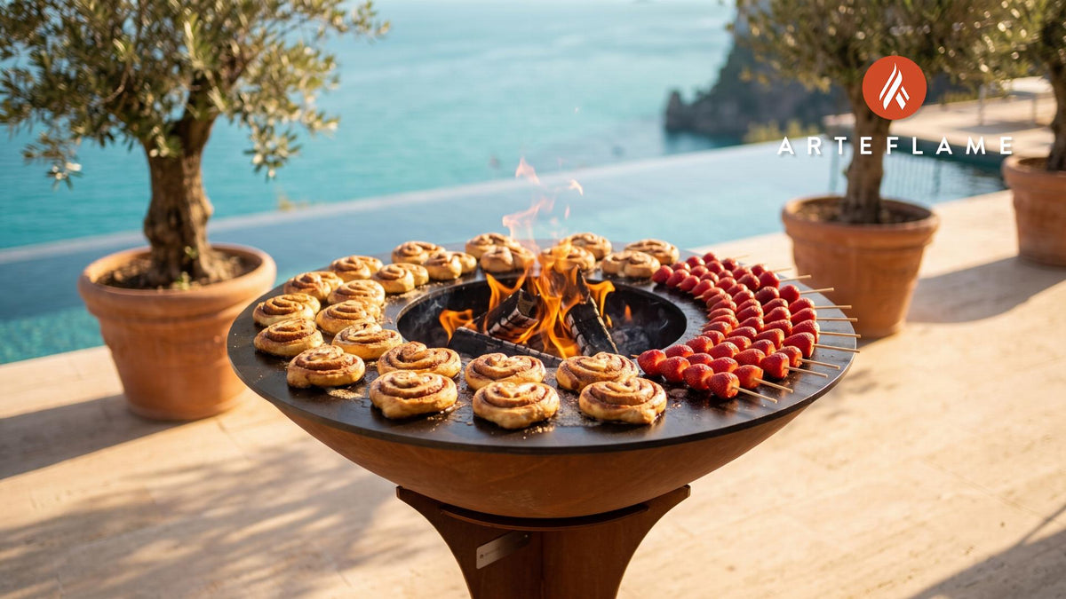 Grilled Cinnamon Roll Hearts & Strawberry Skewers cooking on an Arteflame grill