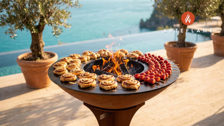Grilled Cinnamon Roll Hearts & Strawberry Skewers cooking on an Arteflame grill