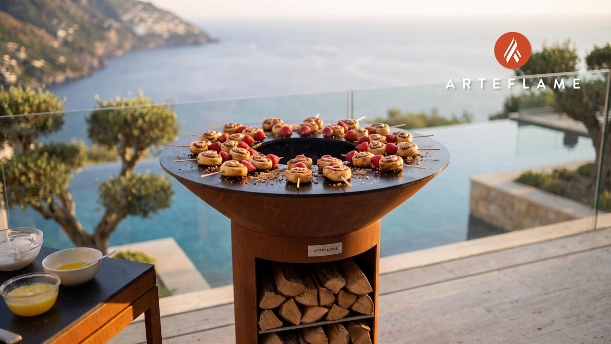 Grilled Cinnamon Roll Heart Skewers & Strawberries cooking on an Arteflame grill