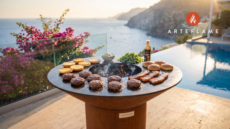 Juicy Wagyu & Pork Belly Sliders with Blue Cheese cooking on an Arteflame grill