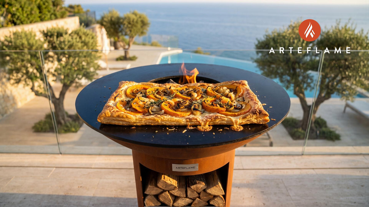 Wood-Fired Squash & Caramelized Onion Tart cooking on an Arteflame grill
