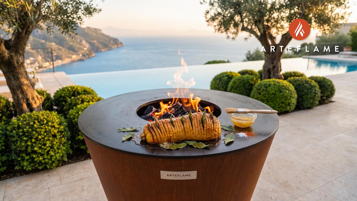 Grilled Hasselback Butternut Squash with Bay Leaves cooking on an Arteflame grill