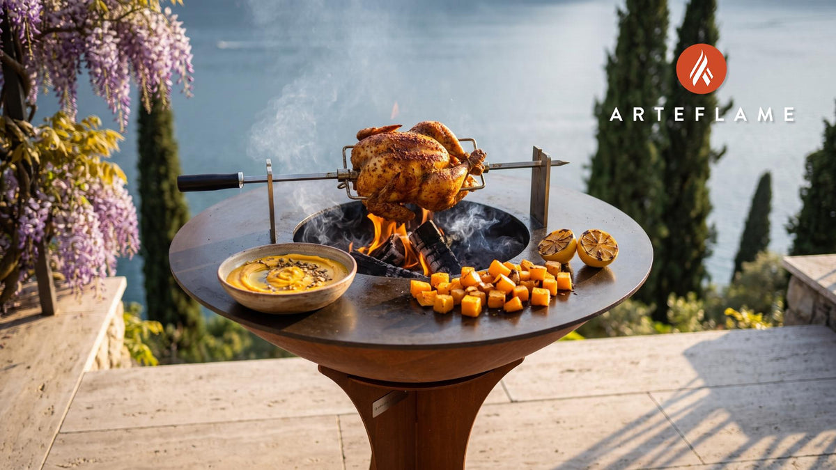 Juicy Rotisserie Chicken with Butternut Tahini cooking on an Arteflame grill