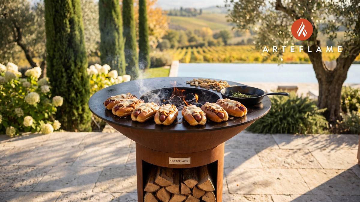 French Onion Hot Dogs cooking on an Arteflame grill