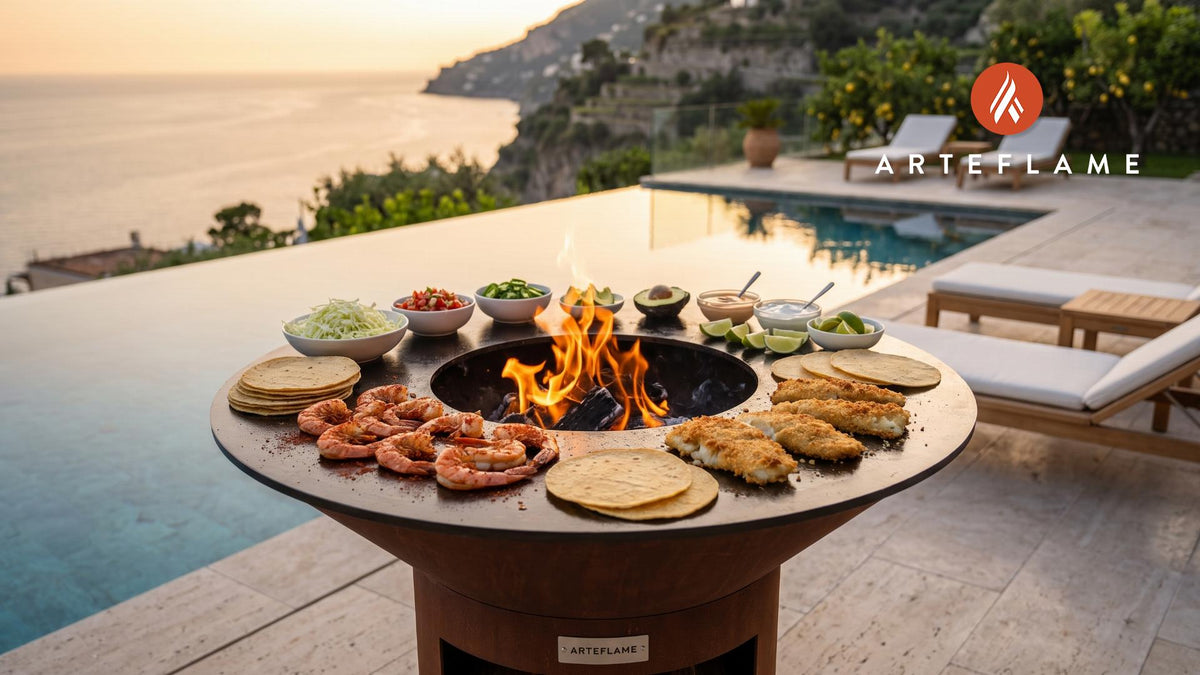 Wood-Fired Shrimp & Fish Tacos (Two Ways) cooking on an Arteflame grill