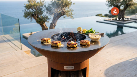 Seared Crab Cakes with Sea Urchin Mayo cooking on an Arteflame grill
