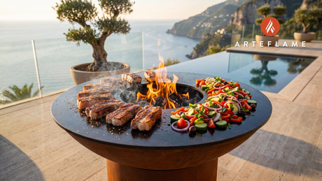 Seared Iberico Pork Belly with Spanish Salad cooking on an Arteflame grill