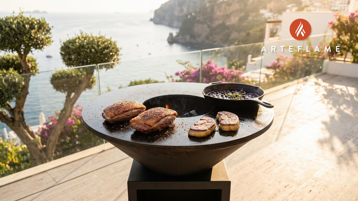 Seared Moulard Duck Breast with Foie Gras & Blueberry Sauce cooking on an Arteflame grill