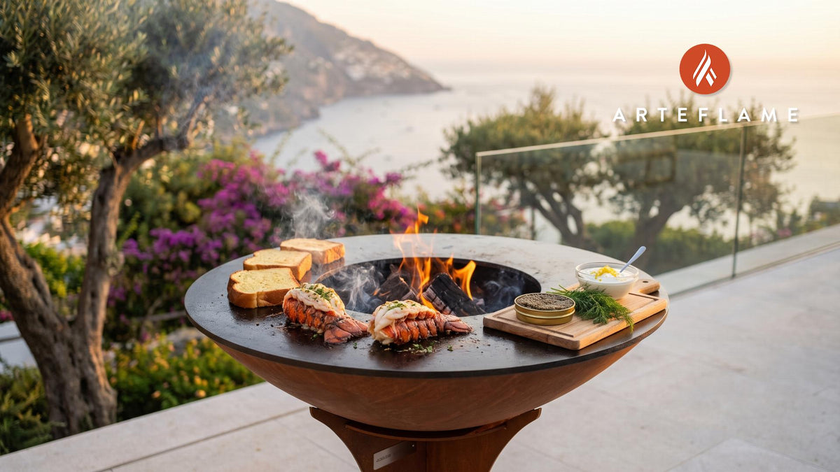 Grilled Lobster & Caviar Toast cooking on an Arteflame grill