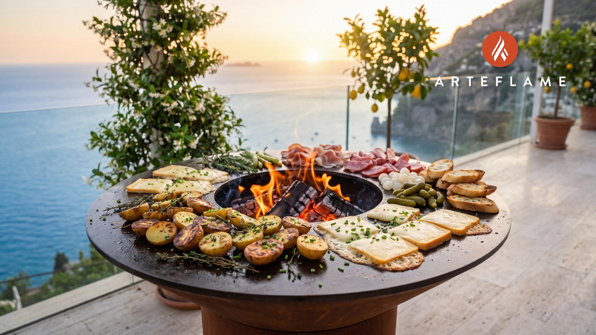 Grilled Raclette with Charred Potatoes cooking on an Arteflame grill