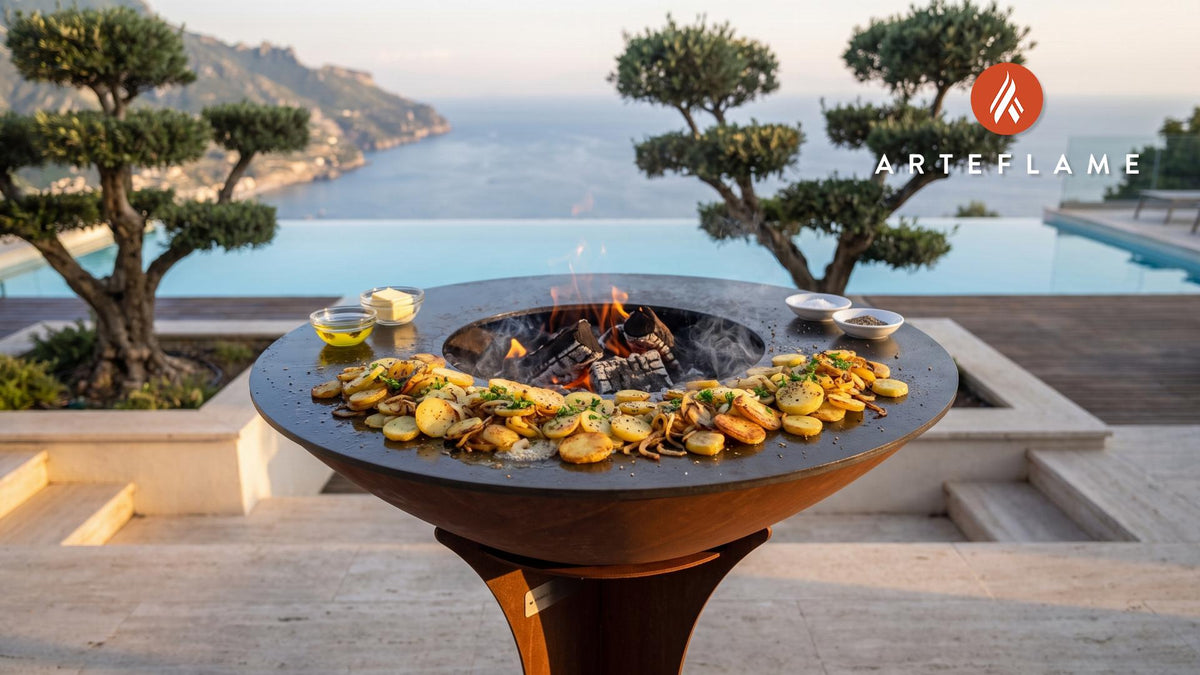 Crispy Bratkartoffeln cooking on an Arteflame grill