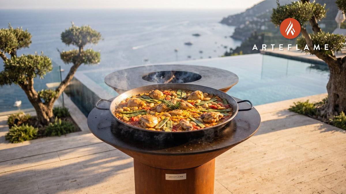 Paella Valenciana cooking on an Arteflame grill