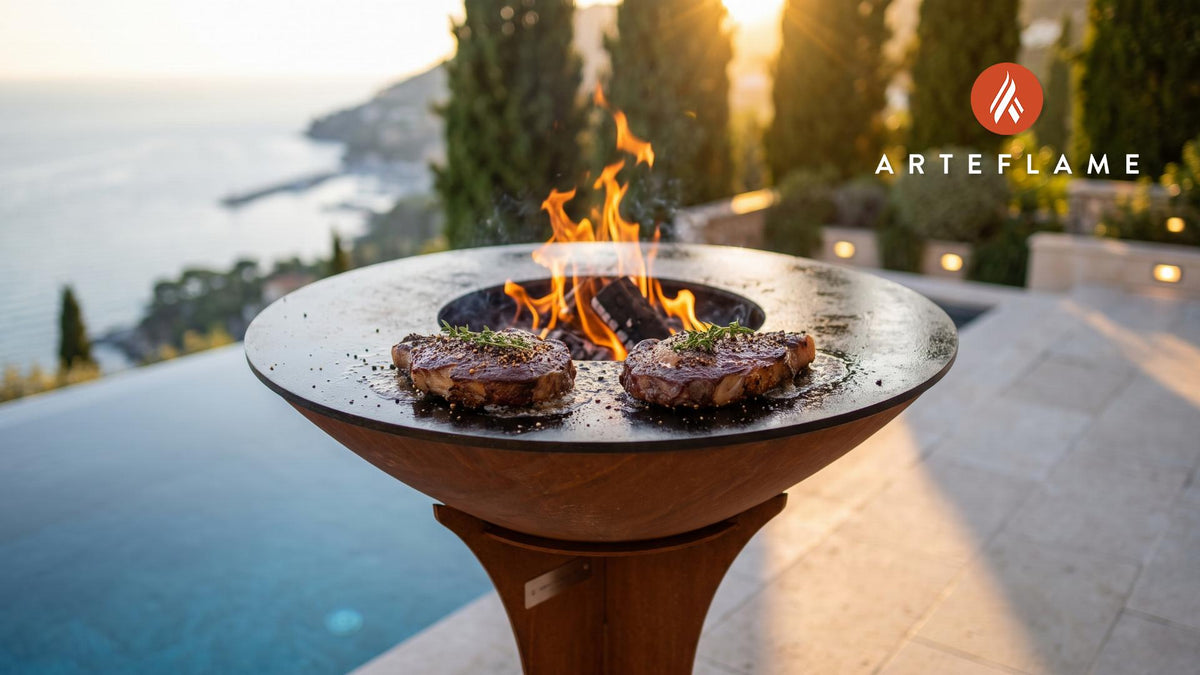 Grilled Peppercorn Beef Steaks cooking on an Arteflame grill
