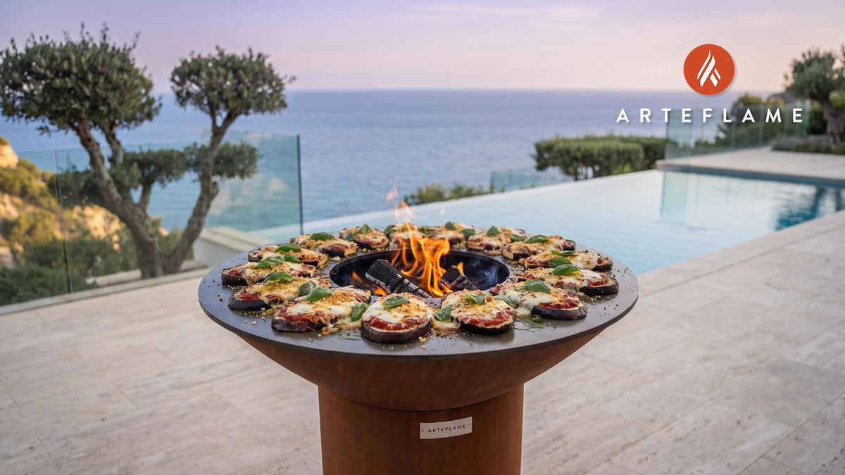 Grilled Eggplant Parmesan cooking on an Arteflame grill