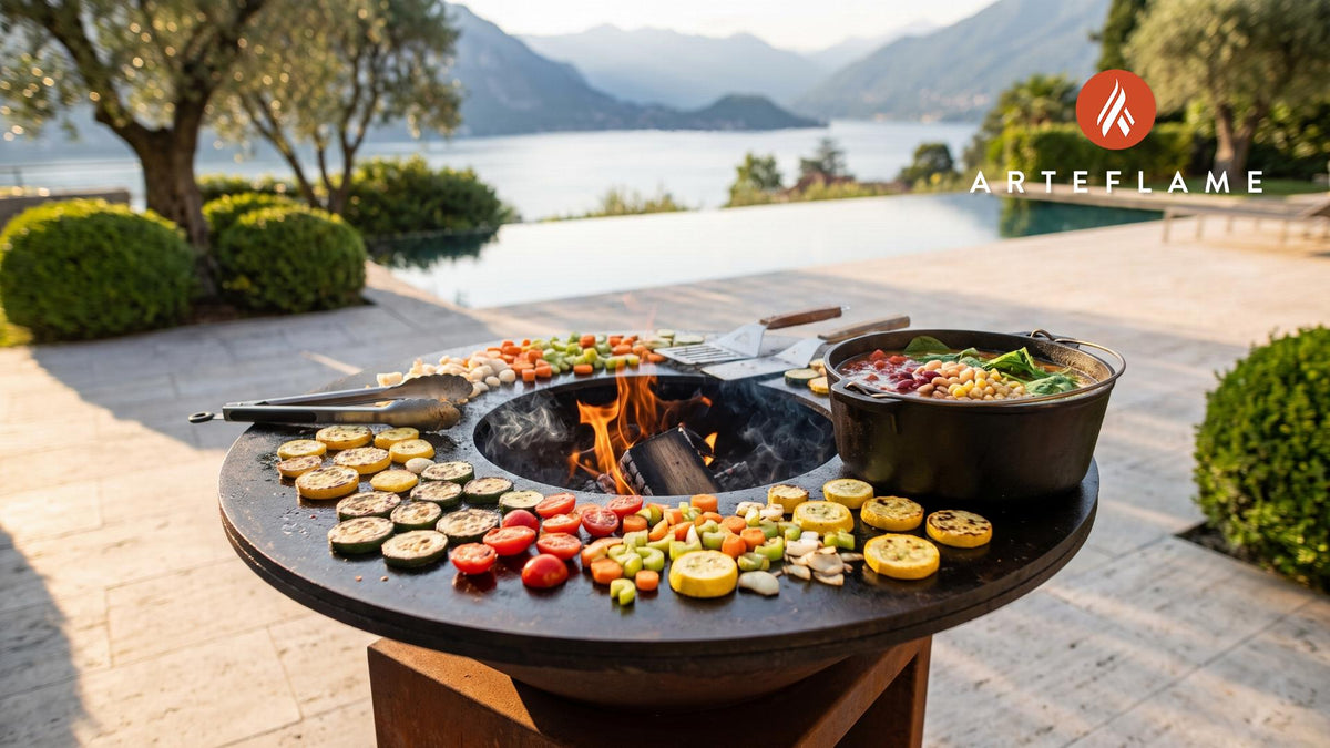 Grilled Minestrone Soup with Charred Vegetables cooking on an Arteflame grill