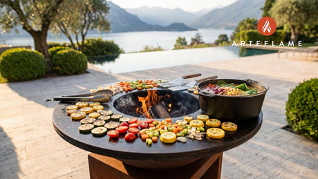 Grilled Minestrone Soup with Charred Vegetables cooking on an Arteflame grill