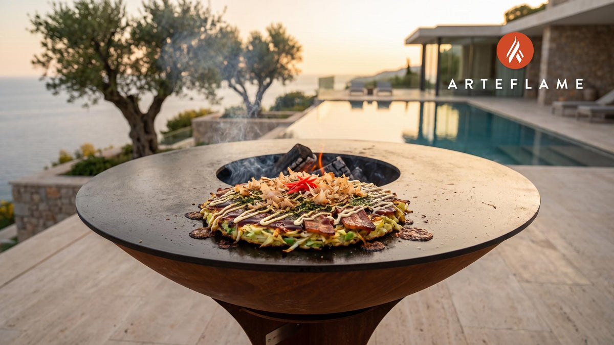 Grilled Okonomiyaki cooking on an Arteflame grill